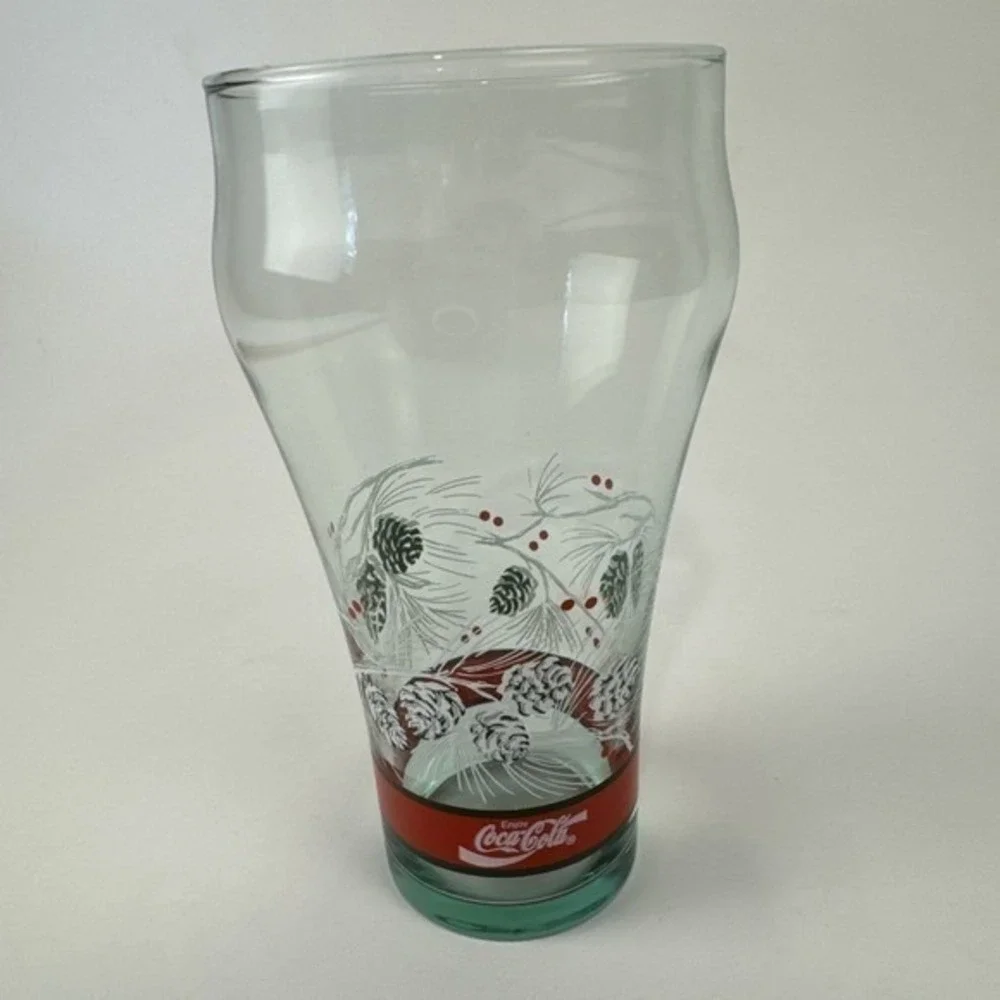 Coca-Cola Drinking Glass Holiday Pinecone Clear Green 6 Inch Vintage Tumbler